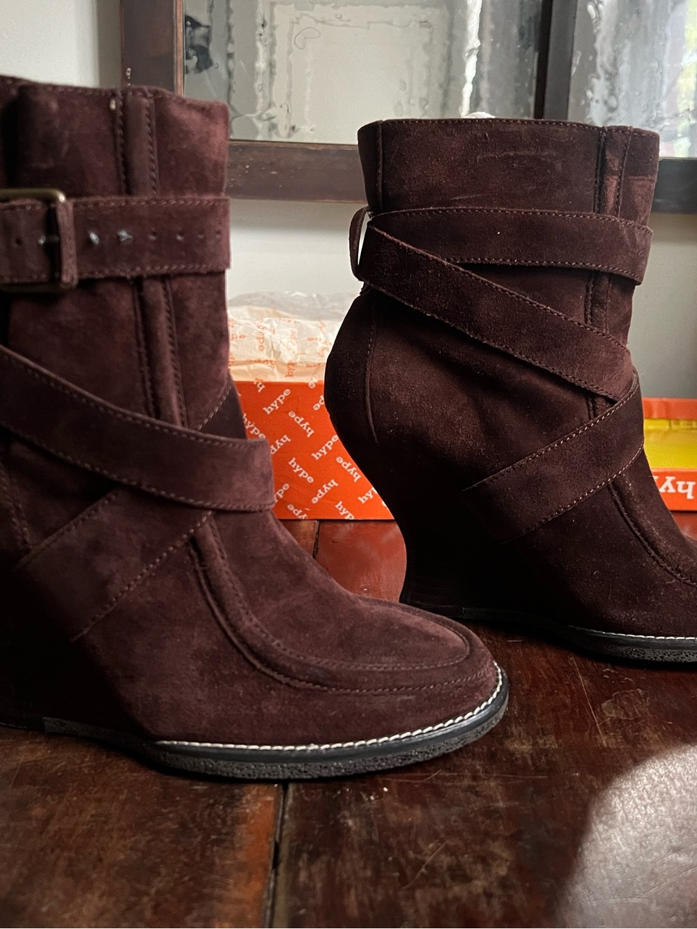 Hype Dark Brown Suede Wedge Ankle Boots with Wrap Strap